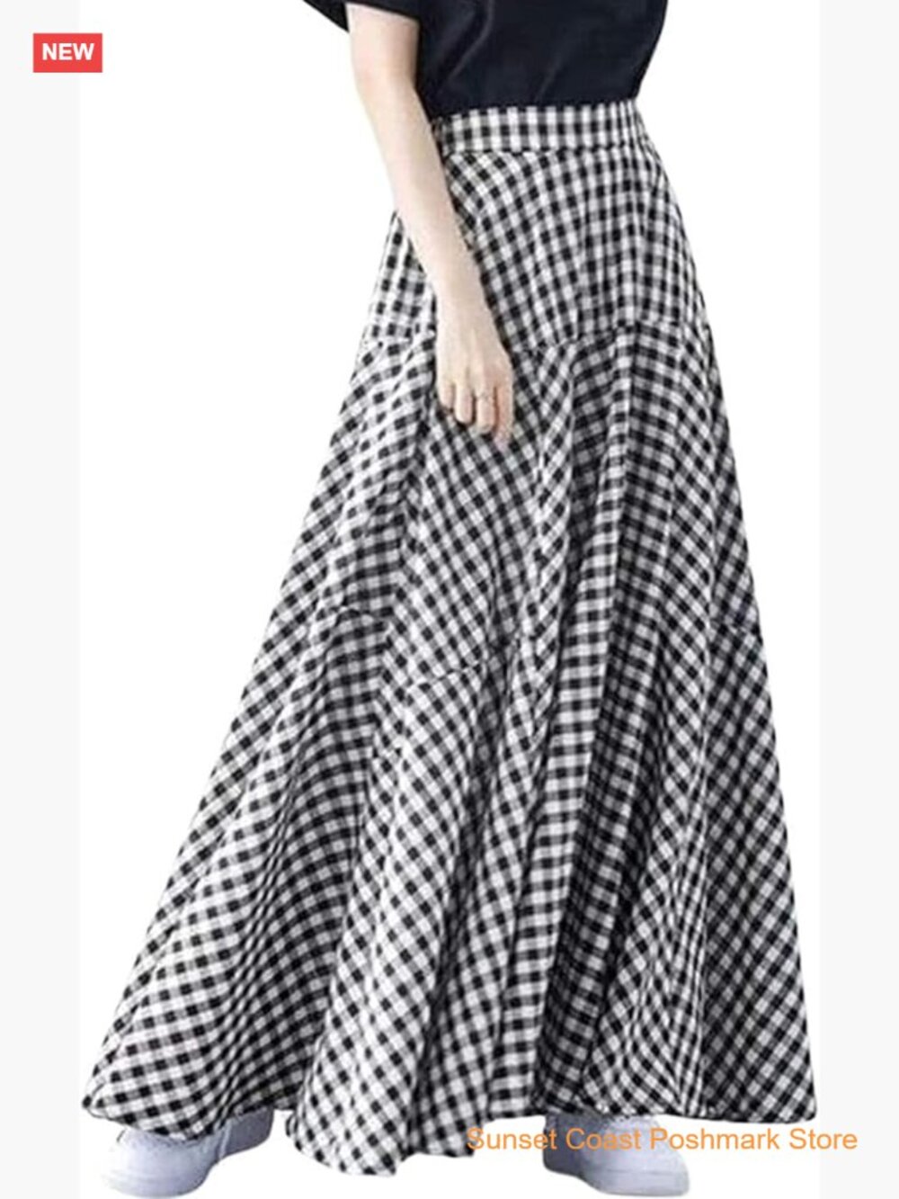 Women's Swing Plaid Maxi Skirt Elastic Waist Casual Loose Fit Flowy Long Skirt